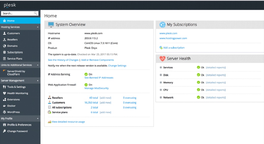 Plesk dashboard